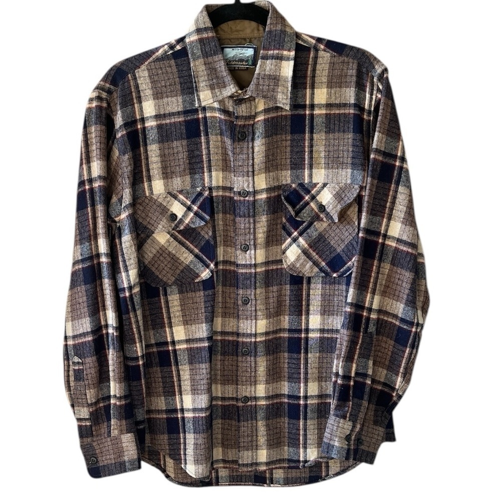 Fieldmaster Vtg Wool Plaid Button Down Shirt Mens M Brown Navy